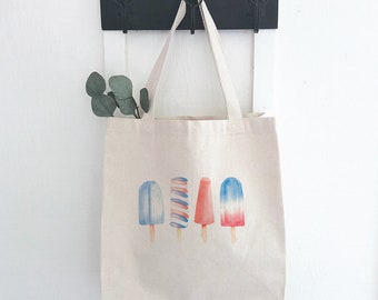 Patriotic Popsicle - Canvas Tote Bag, Summer Bag, Patriotic Bag, America, Market Bag, Grocery Bag, Sturdy Reusable Bag, 14" x 14" x 5"