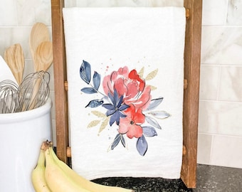 Red and Blue Bouquet - Cotton Tea Towel, Flour Sack Towel, Patriotic Towel, 4th of July decor, Summer decor, 27" x 27" or 19" x 28"