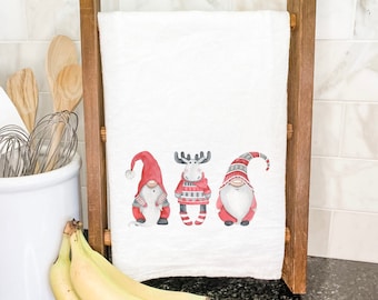 Christmas Gnomes with Moose - Cotton Tea Towel, Flour Sack Towel, Kitchen Decor, Christmas Decor, Winter Tea Towel, Kitchen towel, 27" x 27"