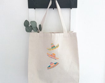 Sombreros - Canvas Tote Bag, Market Bag, Grocery Bag, Spring Tote Bag, Sturdy Reusable Bag, Cinco de Mayo, 14" x 14" x 5"