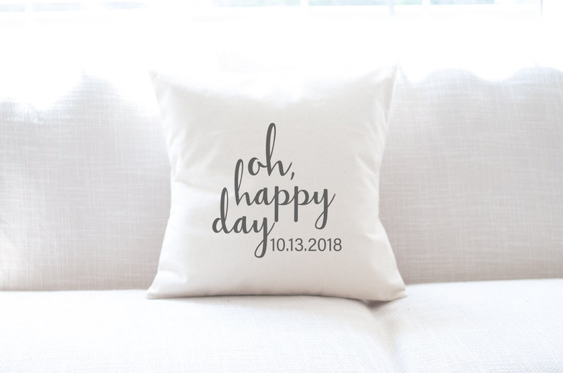 Oh Happy Day Custom Anniversary Pillow, Canvas 18in x 18in, Wedding Gift for Couple, Bridal Shower Gift, Golden 50th Anniversary Parents 