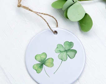 Clover Pair - Ornament, Host Gift Tag, St. Patrick's Day Gift, Porcelain Ornament, 2.75" diameter