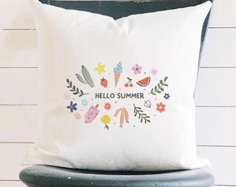 Hello Summer - Square Canvas Pillow, Summer decor, Throw Pillow, 18" x 18"