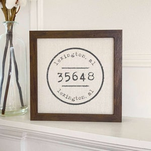 Postmark Stamp City/State/Zip - Framed Sign, Home Decor, Wall Art, 9&quot; x 9&quot; Wood Frame