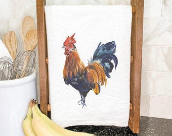 Watercolor Rooster - Cotton Tea Towel, Flour Sack Towel, Kitchen Decor, Kitchen towel, 27" x 27" or 19" x 28"