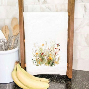 Watercolor Bird and Wildflowers - Cotton Tea Towel, Flour Sack Towel, Kitchen Decor, Kitchen towel, Summer, Floral, 27&quot; x 27&quot;