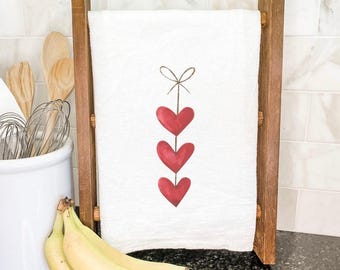String of Hearts - Cotton Tea Towel, Flour Sack Towel, Kitchen Decor, Valentine's Décor, Kitchen towel, 27" x 27" or 19" x 28"