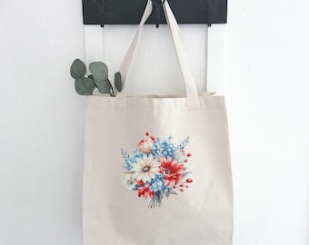 Patriotic Daisy Bouquet - Canvas Tote Bag, Summer Bag, Patriotic Bag, America, Market Bag, Grocery Bag, Sturdy Reusable Bag, 14" x 14" x 5"
