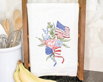 American Flag Bouquet - Cotton Tea Towel, Patriotic Towel, 4th of July decor, Summer decor, America, 27" x 27"