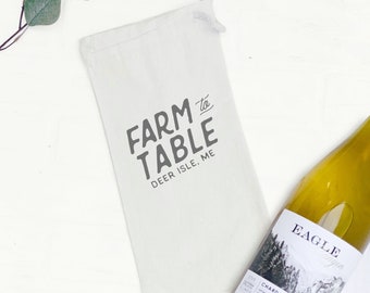 Farm to Table w/ City, State - Canvas Wine Bag, Wine Gift, Sturdy Reusable Bag, Farmhouse Gift, Farmhouse Wine Bag, 13" x 6"