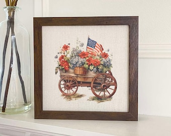 Vintage Carriage Planter - Framed Sign, Home Decor, Farmhouse Decor, Kitchen Decor, Patriotic Decor, Americana Decor, 9" x 9" Wood Frame