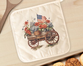 Vintage Carriage Planter - Cotton Pot Holder, Kitchen Decor, Hot Pad, Patriotic Hot Pad, 4th of July, Summer Pot Holder, 8" x 8"