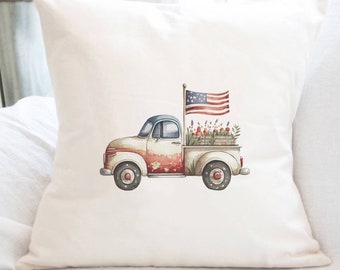 Patriotic Farmhouse Truck - Square Canvas Pillow, Home Decor, Decorative Pillow, Farmhouse Decor, Americana Decor, 18" x 18"