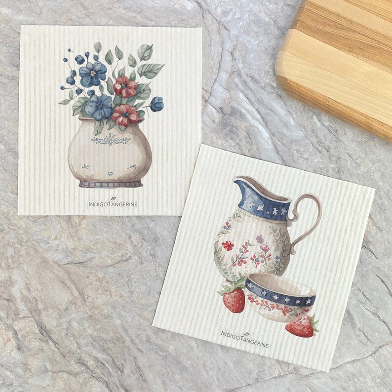 Indigo Tangerine Farmhouse Pitcher and Flowers Dish Cloth