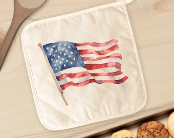 Watercolor American Flag - Cotton Pot Holder, Kitchen Decor, Hot Pad, Patriotic Hot Pad, 4th of July, Summer Pot Holder, 8" x 8"