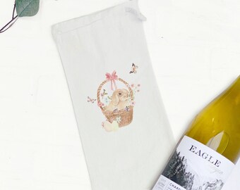 Watercolor Bunny in a Basket - Canvas Wine Bag, Wine Gift, Sturdy Reusable Bag, Easter Wine Bag, 13" x 6"