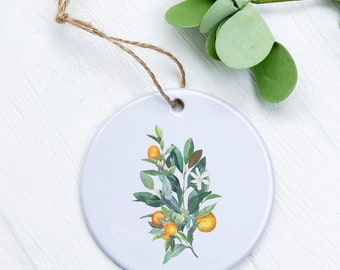 Tangerine Branch - Ornament, Host Gift Tag, Porcelain Ornament, Summer Ornament, 2.75" diameter
