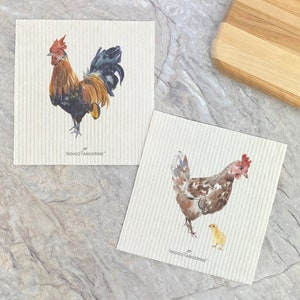 Watercolor Rooster, Hen with Chick 2pk - Swedish Dish Cloth, Kitchen Dish Cloth, Reusable Dish Cloth, 6.75" x 7.5"