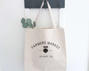 Farmers Market with City and State - Canvas Tote Bag, Market Bag, Custom City State, Gift for Her, Sturdy Reusable Bag, 14" x 14" x 5"