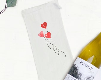 Heart Balloons - Canvas Wine Bag, Wine Gift, Sturdy Reusable Bag, Valentine's Wine Bag, 13" x 6"