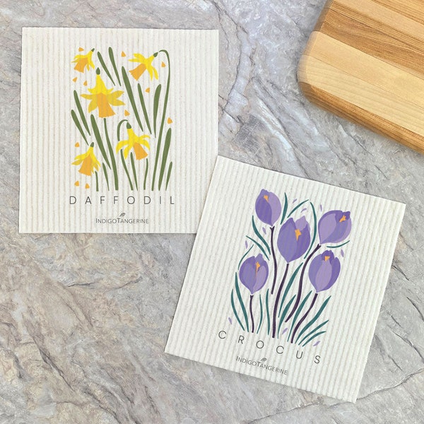 Crocus, Daffodil (Garden Edition) 2pk - Swedish Dish Cloth, Kitchen Dish Cloth, Spring Kitchen decor, Reusable Dish Cloth, 6.75" x 7.5"