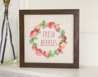 Fresh Berries - Framed Sign, Home Decor, Custom Framed Sign, 9" x 9" Wood Frame