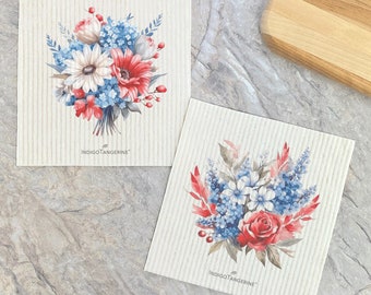 Patriotic Daisy & Rose Bouquet 2pk - Swedish Dish Cloth, Kitchen Dish Cloth, Reusable Dish Cloth, Patriotic Dish Cloth, Summe, 6.75" x 7.5"