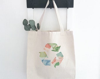 Watercolor Recycling - Canvas Tote Bag, Market Bag, Grocery Bag, Sturdy Reusable Bag, Summer Market Bag, 14" x 14" x 5"