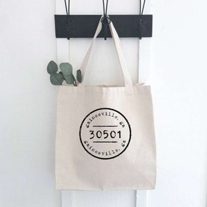 Postmark Stamp City/State/Zip - Canvas Tote Bag, Market Bag, Custom City State, Gift for Her, Sturdy Reusable Bag, 14&quot; x 14&quot; x 5&quot;