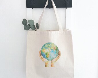 Holding the World - Canvas Tote Bag, Market Bag, Grocery Bag, Sturdy Reusable Bag, Summer Market Bag, 14" x 14" x 5"