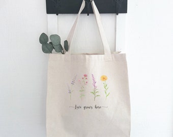 Love Grows Here Garden - Canvas Tote Bag, Market Bag, Grocery Bag, Sturdy Reusable Bag, Mother's Day, Gift for Grandma, 14" x 14" x 5"