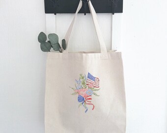 American Flag Bouquet - Canvas Tote Bag, Summer Bag, Patriotic Bag, America, Market Bag, Grocery Bag, Sturdy Reusable Bag, 14" x 14" x 5"