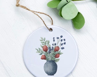 Farmhouse Strawberry Bouquet - OrnamentHost Gift Tag, Farmhouse Gift, Porcelain Ornament, Americana Ornament, 2.75" diameter