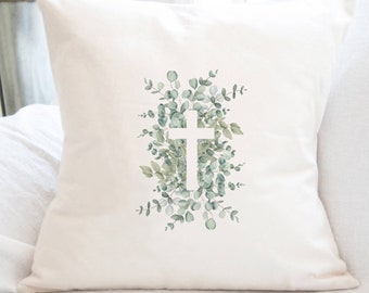 Eucalyptus Cross - Square Canvas Pillow, Easter Decor, Decorative Pillow, Throw Pillow, Spring Decor, 18" x 18"