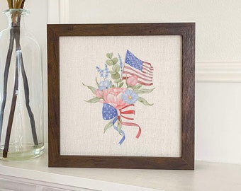 American Flag Bouquet - Framed Sign, Home Decor, Farmhouse Decor, Kitchen Decor, Patriotic Decor, Americana Decor, 9" x 9" Wood Frame