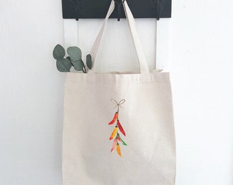 String of Peppers - Canvas Tote Bag, Market Bag, Grocery Bag, Spring Tote Bag, Sturdy Reusable Bag, Cinco de Mayo, 14" x 14" x 5"
