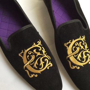 Vintage Black Velvet Gold Embroidered Monogram Evening Shoes Size43