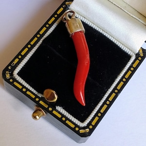 May include: A red coral horn pendant, presented in a black jewellery box with gold detailing. The pendant features a gold-coloured metal cap. The box is lined with white satin.