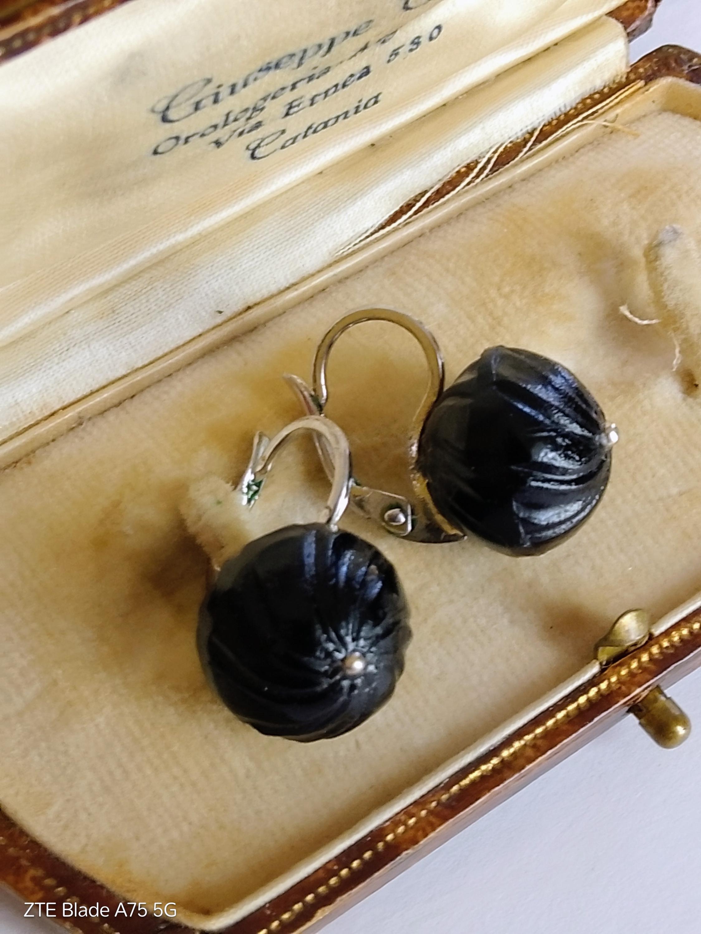 Boucles D'oreilles Vintage Années 50 En Verre Noir Jais - Puces Clips En Alliage