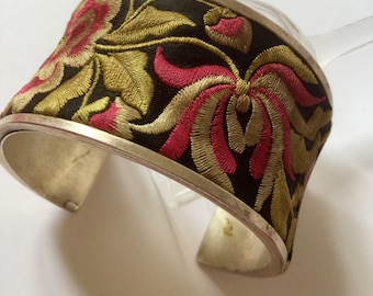 Antiques Silver Flowered Silk Embroidered Bangle Bracelet