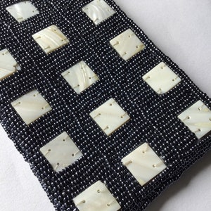 Vintage Gray Beads Mop Buttons Embroidered Evening Clutch Bag