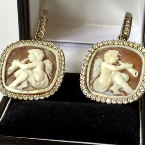 Antiques Victorian Style Large Silver Zirconia Cherubs Cameo Earrings