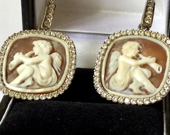 Antiques Victorian Style Large Silver Zirconia Cherubs Cameo Earrings