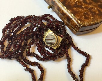 Antiques Victorian Multi Strands Garnets Necklace Agate Clasp