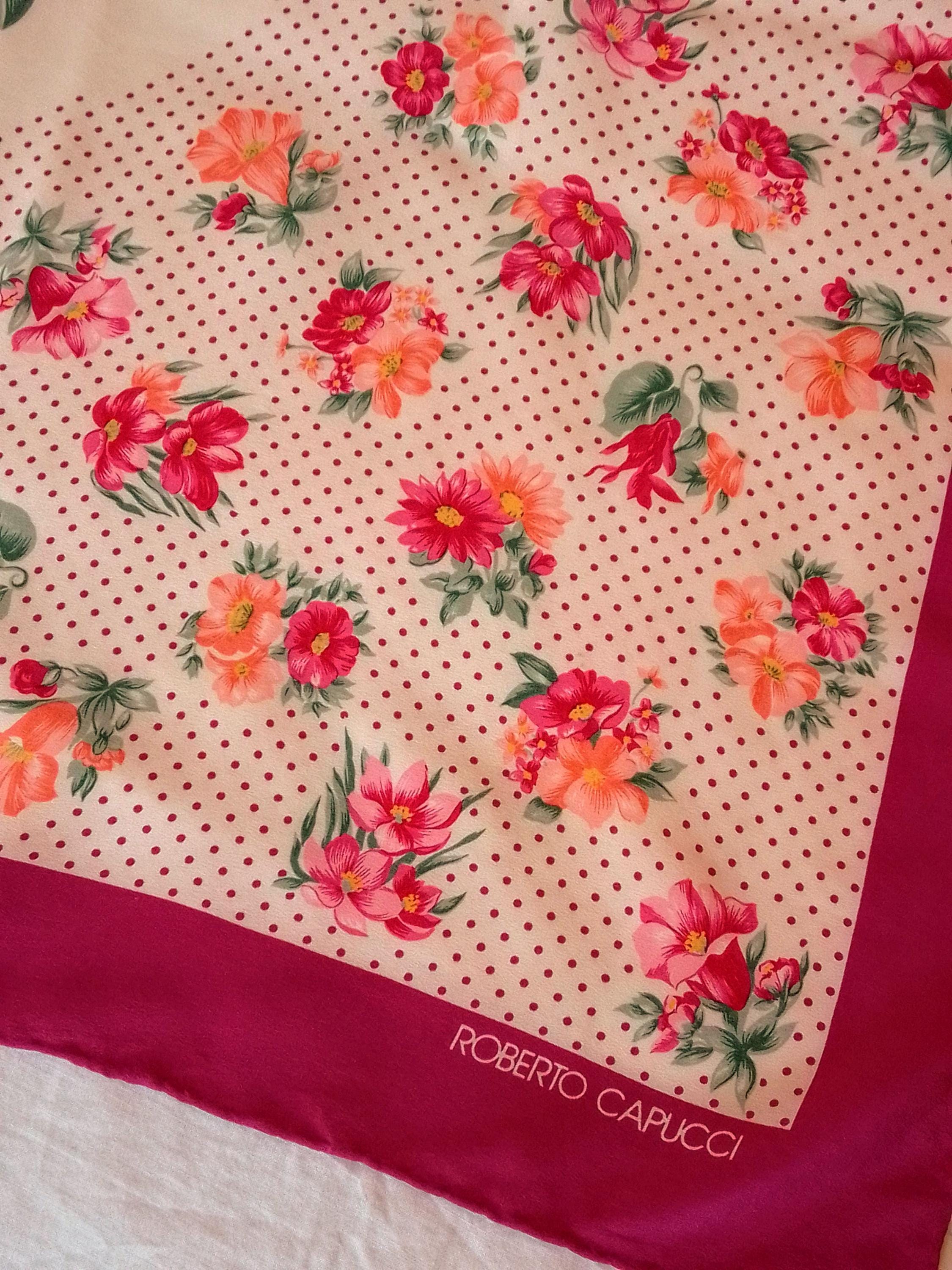 Foulard Authentique Roberto Capucci En Soie 100% - Motif Floral - Vintage