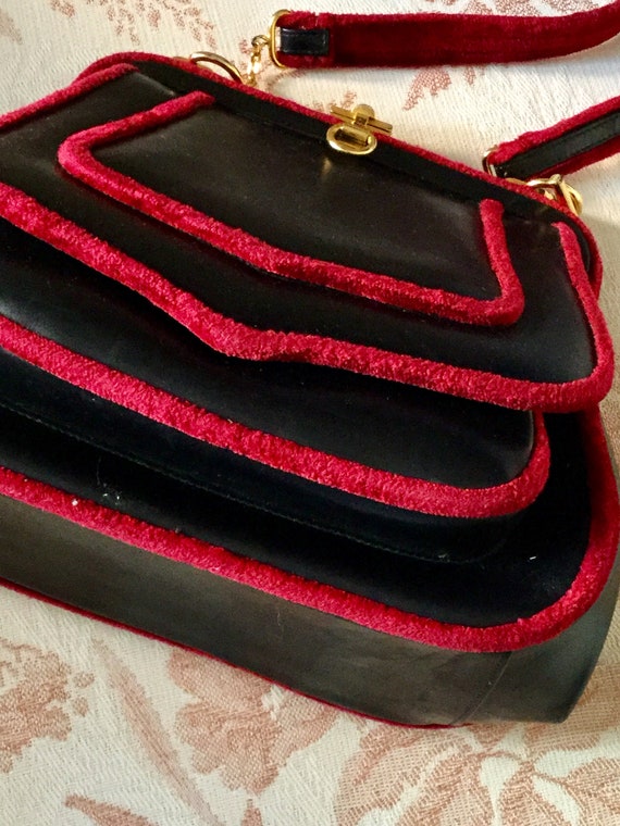 Antiques 50s Black Leather Red Italian Brand Bag - image 1