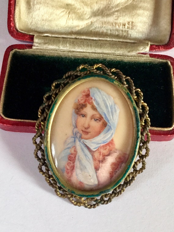 Antiques 1930s Handpainted Miniature Portrait Bro… - image 1