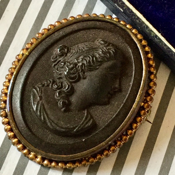 Antiques Victorian Mourning Cameo Lava Miniature Brooch