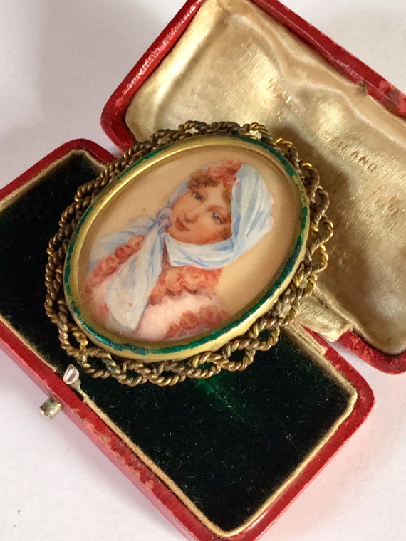 Antiques 1930s Handpainted Miniature Portrait Bro… - image 5