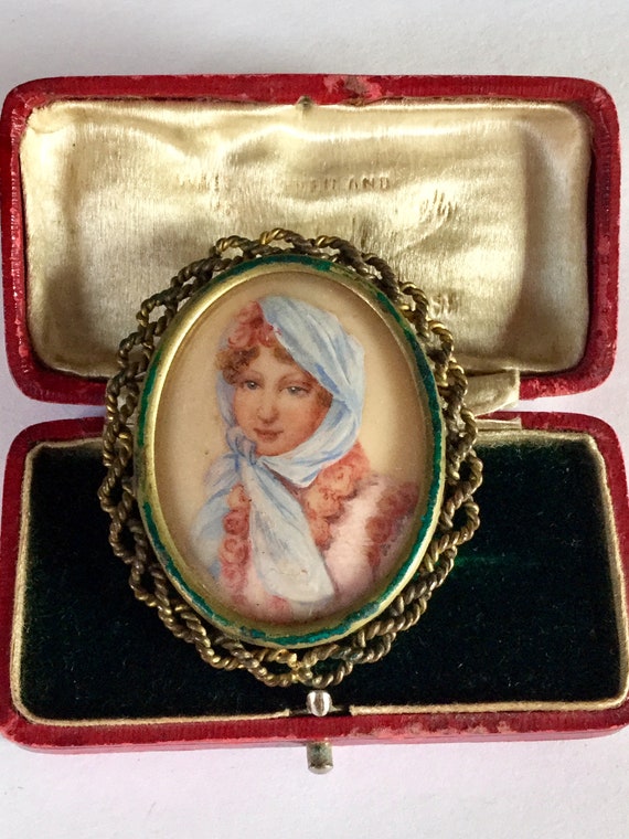 Antiques 1930s Handpainted Miniature Portrait Bro… - image 2